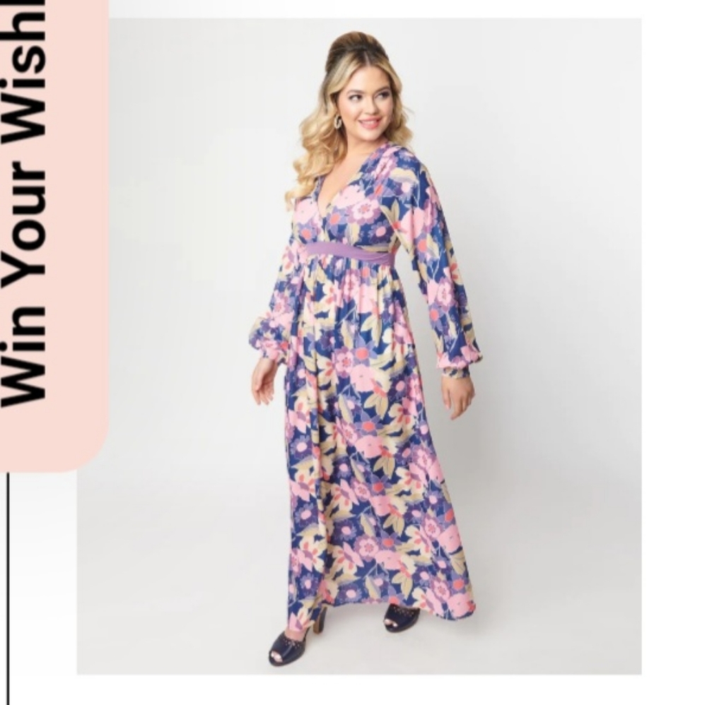 Unique Vintage Navy & Purple Floral Print Buttercup Maxi Dress